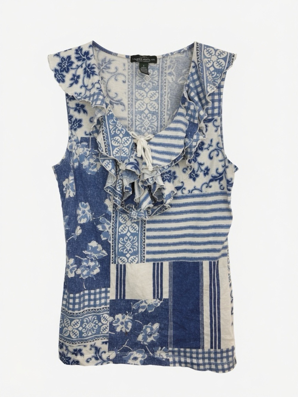 Ralph Lauren Women’s Small Y2K Blue and Cream Chic Patchwork Ruffle Tank Top